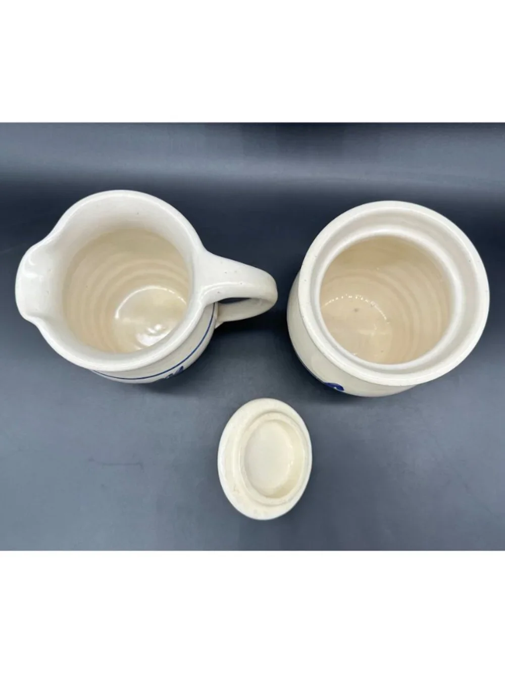 Vintage Pottery Creamer Pitcher Sugar Bowl White Blue Stoneware Set 1990s